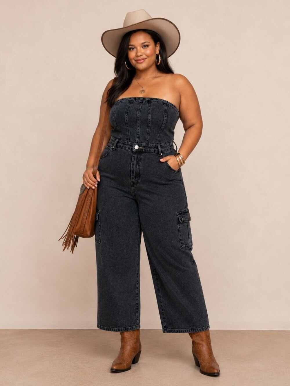 Wild Fable 4X Black Denim Strapless Tube Cargo Jumpsuit Wide Leg Plus Size NWT